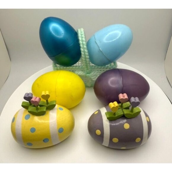 VTG Easter Decorative Eggs Dept 56 & Woven Basket Multicolor Plastic & Wood Spri - Picture 1 of 4